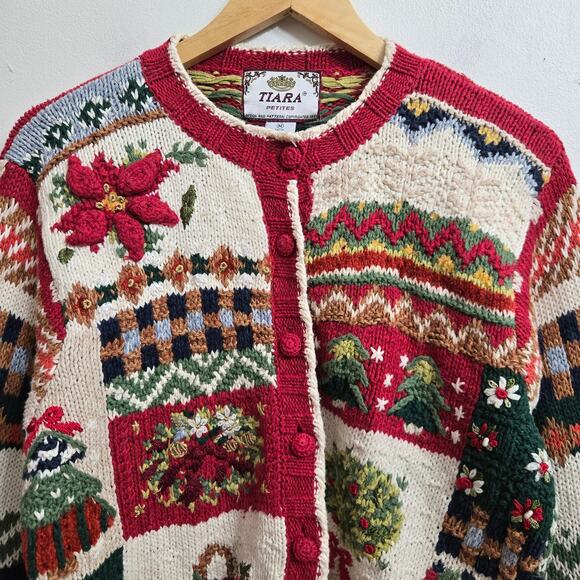 TIARA Womens Vintage 90s Christmas Holiday Embroidered Knit Cardigan Sweater MP - Picture 2 of 11